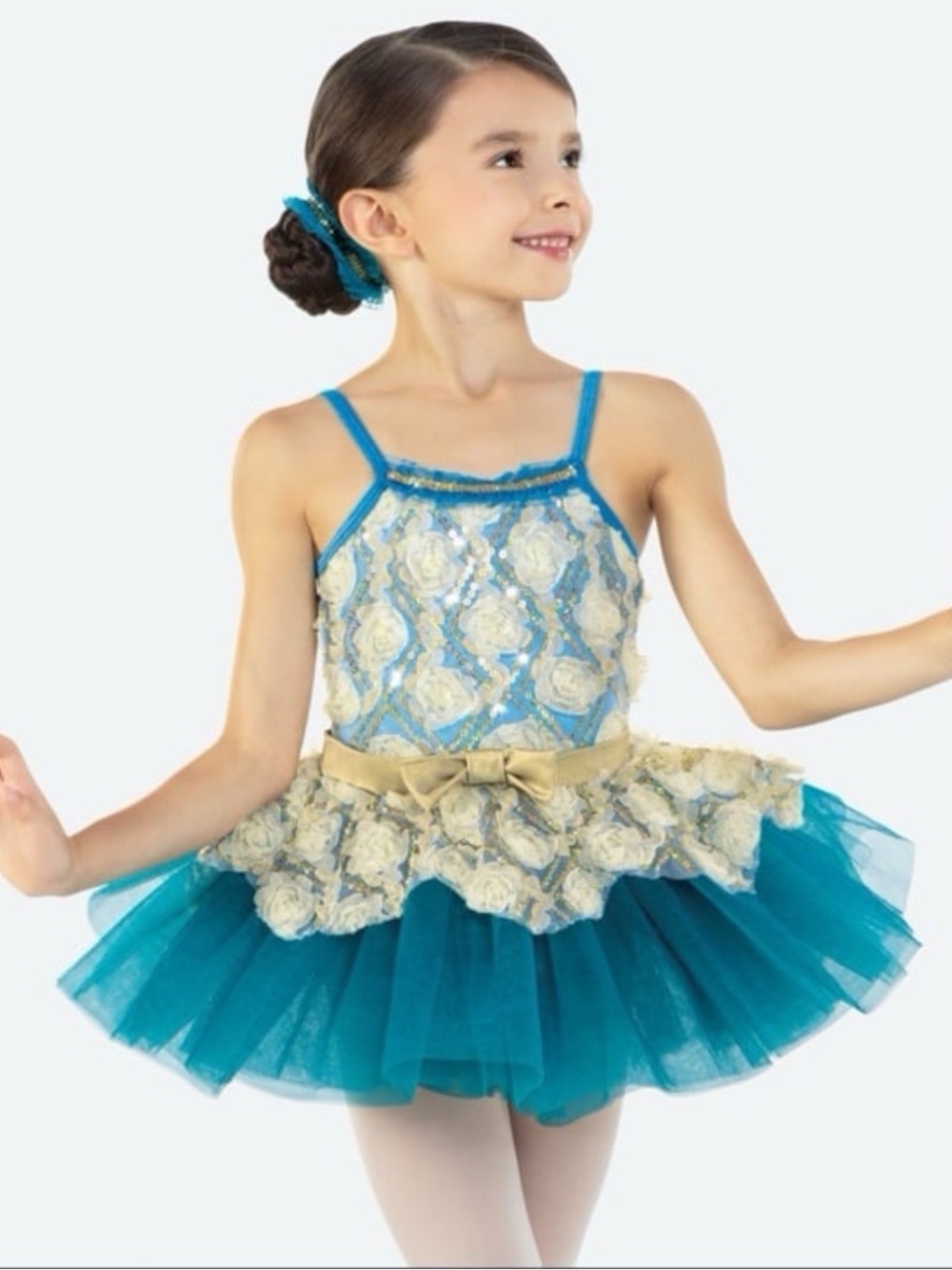 Revolution teal/ivory flower dance costume size MC 6-9 and bun topper